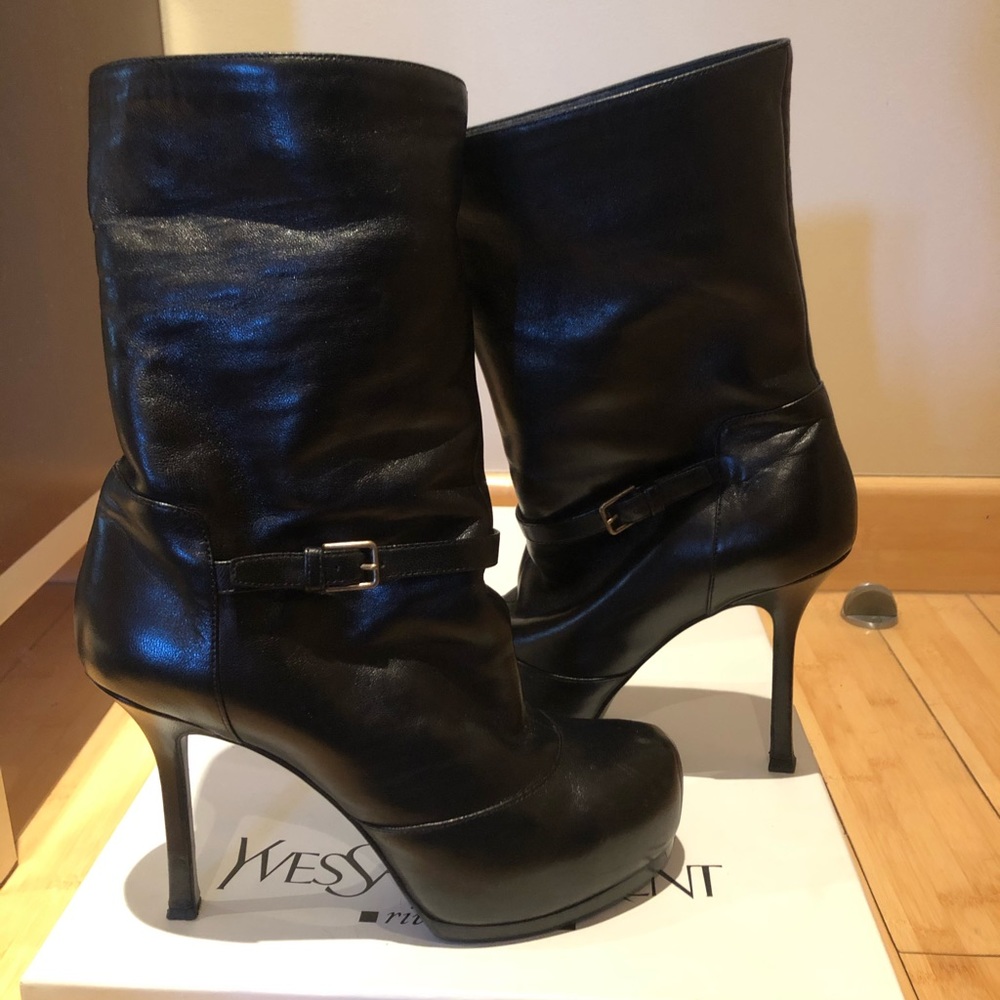 YSL Tribtoo 80 Leather Fur Lined Boots